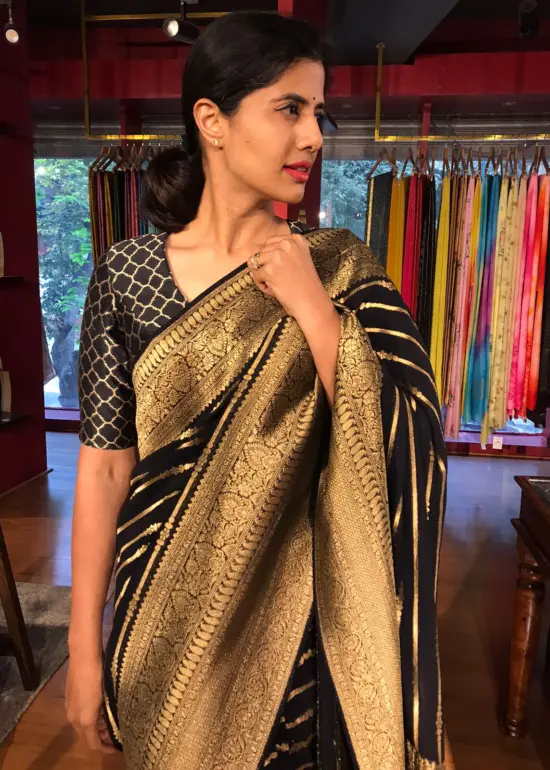 Black Georgette Silk Saree with Beautiful Antique Gold Zari Weaves