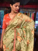 Pista Green Printed Banarasi Chiniya Silk Saree with Embroidered Border