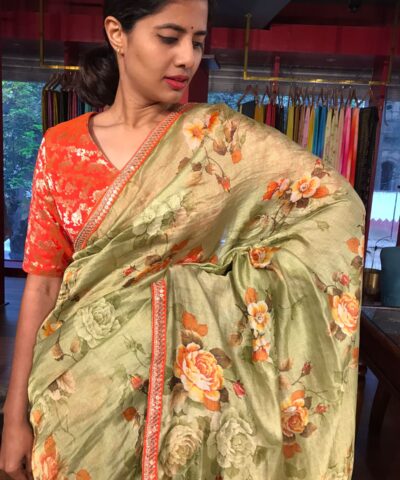 Pista Green Printed Banarasi Chiniya Silk Saree with Embroidered Border