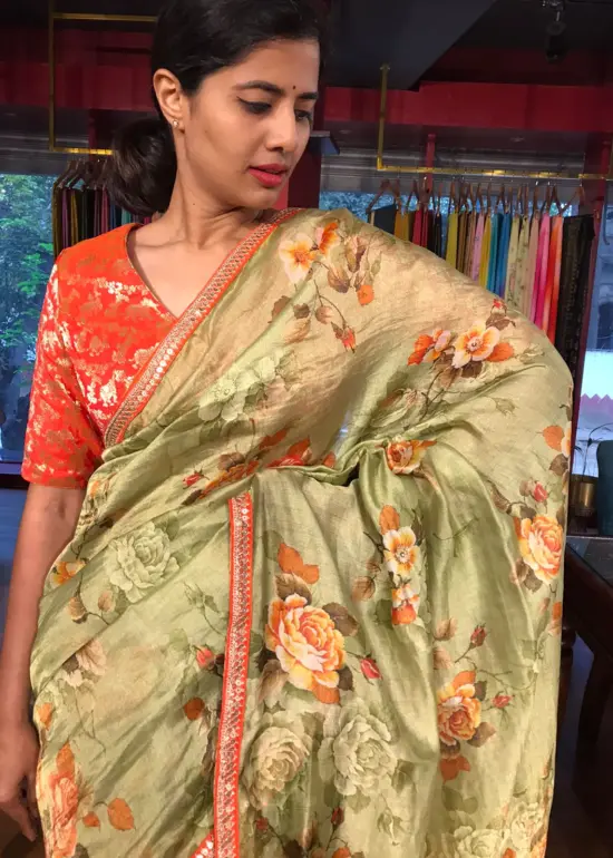 Pista Green Printed Banarasi Chiniya Silk Saree with Embroidered Border