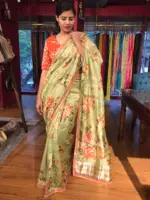 Pista Green Printed Banarasi Chiniya Silk Saree with Embroidered Border - Image 3