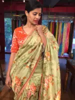 Pista Green Printed Banarasi Chiniya Silk Saree with Embroidered Border - Image 5