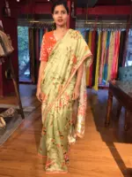 Pista Green Printed Banarasi Chiniya Silk Saree with Embroidered Border - Image 6