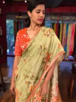 Pista Green Printed Banarasi Chiniya Silk Saree with Embroidered Border - Image 4