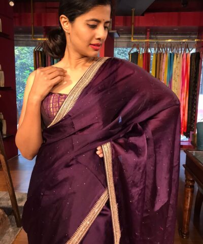 Purple Organza Silk Saree with beautiful hand embroidered border adorned with Badla work