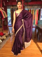 Purple Organza Silk Saree with beautiful hand embroidered border adorned with Badla work - Image 2