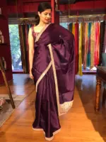 Purple Organza Silk Saree with beautiful hand embroidered border adorned with Badla work - Image 3
