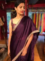 Purple Organza Silk Saree with beautiful hand embroidered border adorned with Badla work - Image 5
