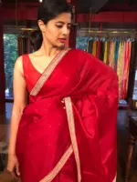 Scarlet Red Organza Silk Saree with beautiful hand embroidered border adorned with Badla work
