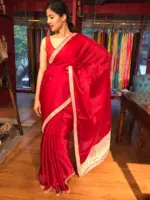 Scarlet Red Organza Silk Saree with beautiful hand embroidered border adorned with Badla work - Image 2