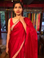 Scarlet Red Organza Silk Saree with beautiful hand embroidered border adorned with Badla work - Image 4