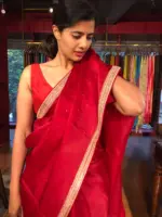 Scarlet Red Organza Silk Saree with beautiful hand embroidered border adorned with Badla work - Image 3