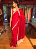 Scarlet Red Organza Silk Saree with beautiful hand embroidered border adorned with Badla work - Image 5