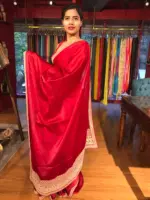 Scarlet Red Organza Silk Saree with beautiful hand embroidered border adorned with Badla work - Image 6