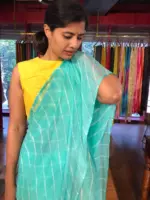 Teal Blue Block Printed Chiffon Saree