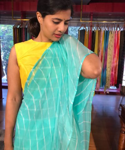 Teal Blue Block Printed Chiffon Saree