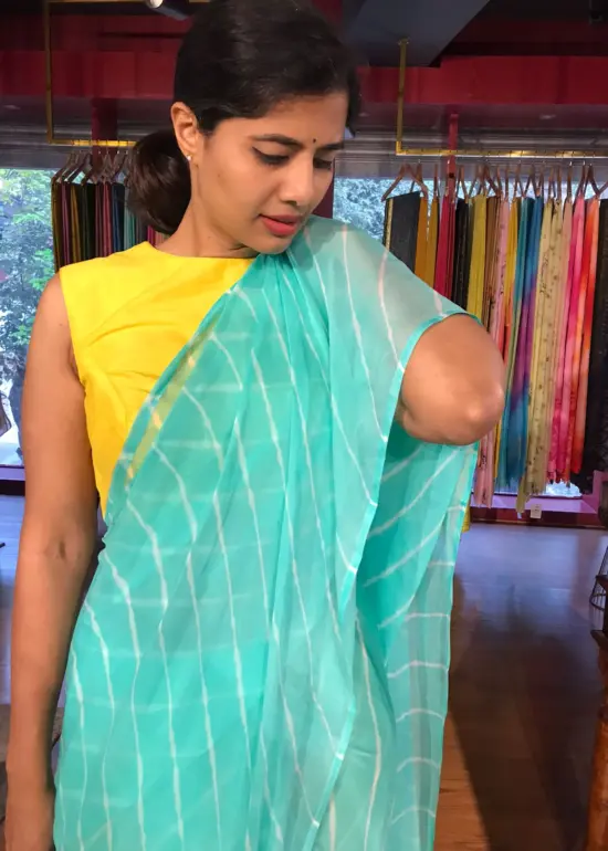 Teal Blue Block Printed Chiffon Saree