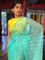 Teal Blue Block Printed Chiffon Saree - Image 3