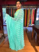 Teal Blue Block Printed Chiffon Saree - Image 2