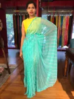 Teal Blue Block Printed Chiffon Saree - Image 4