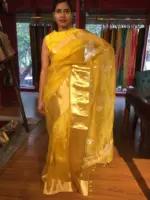 Mustard Yellow Organza Silk Saree adorned with Gotapatti Work - Image 2