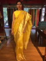 Mustard Yellow Organza Silk Saree adorned with Gotapatti Work - Image 3
