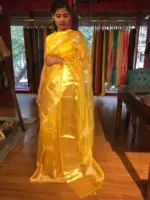 Mustard Yellow Organza Silk Saree adorned with Gotapatti Work - Image 4