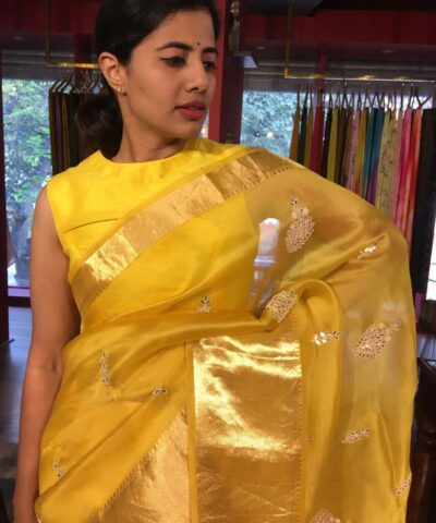 Mustard Yellow Organza Silk Saree adorned with Gotapatti Work