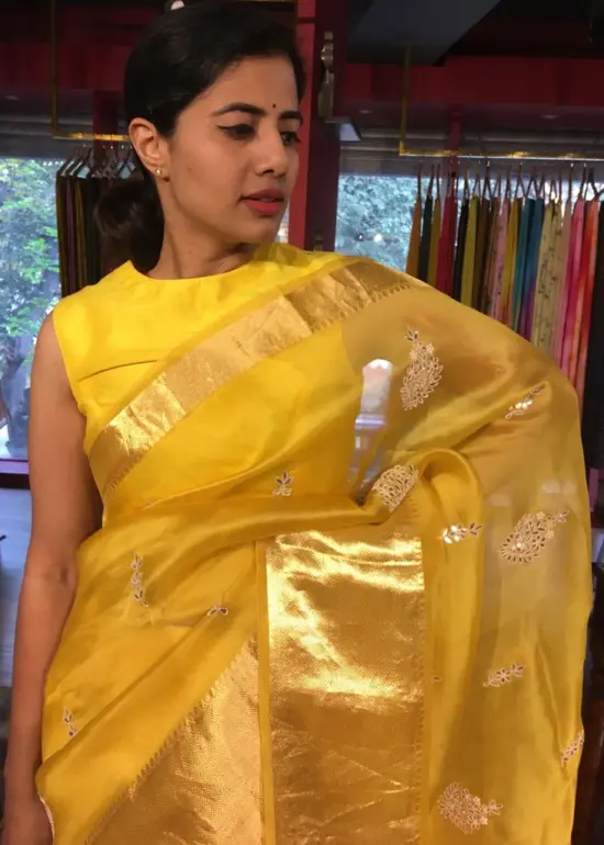 Mustard Yellow Organza Silk Saree adorned with Gotapatti Work