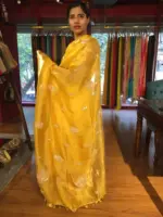 Mustard Yellow Organza Silk Saree adorned with Gotapatti Work - Image 7