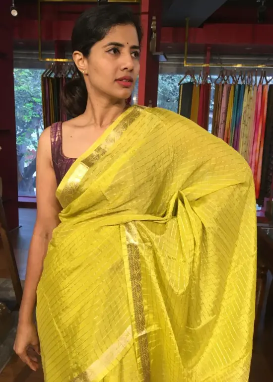 Lime Green Chequered Chiffon Saree