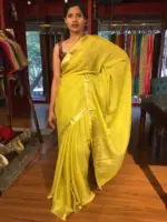 Lime Green Chequered Chiffon Saree - Image 2