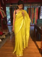 Lime Green Chequered Chiffon Saree - Image 5