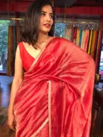 Red Chiniya Silk Saree with Golden Zari Stripes