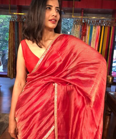 Red Chiniya Silk Saree with Golden Zari Stripes