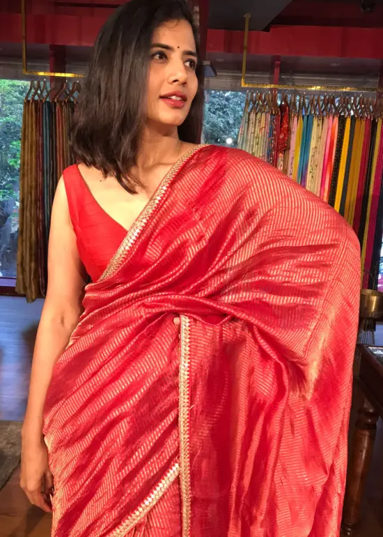 Red Chiniya Silk Saree with Golden Zari Stripes
