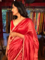 Red Chiniya Silk Saree with Golden Zari Stripes - Image 3