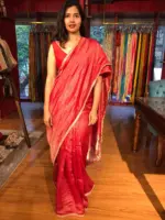 Red Chiniya Silk Saree with Golden Zari Stripes - Image 2