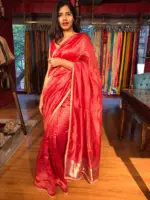 Red Chiniya Silk Saree with Golden Zari Stripes - Image 4