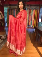 Red Chiniya Silk Saree with Golden Zari Stripes - Image 5
