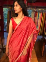 Red Chiniya Silk Saree with Golden Zari Stripes - Image 6