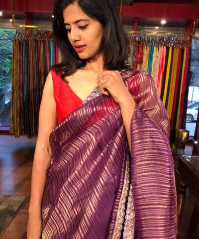 Purple Organza Silk Saree with Pure Resham Silk Zari Weaves