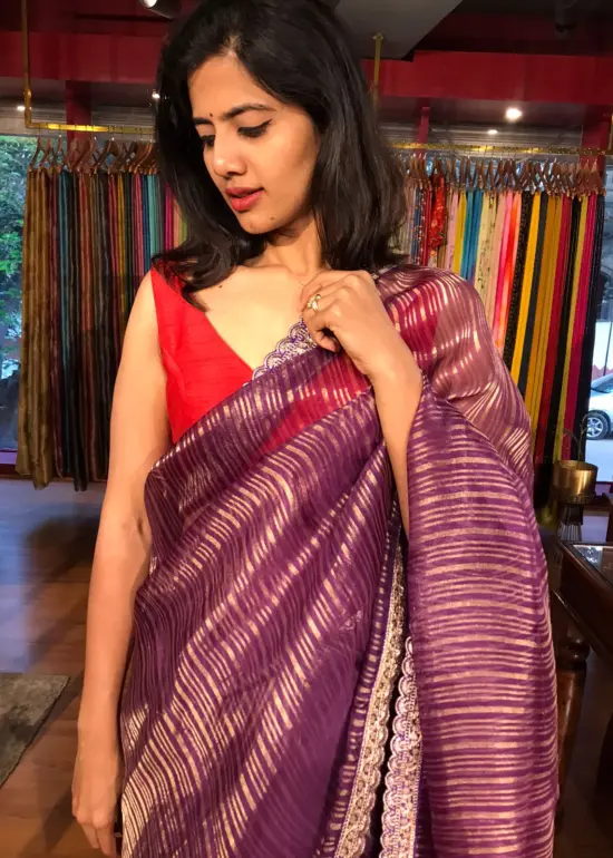 Purple Organza Silk Saree with Pure Resham Silk Zari Weaves