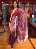 Purple Organza Silk Saree with Pure Resham Silk Zari Weaves - Image 6
