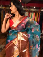 Ocean Blue Organza Silk Saree with Kanchi Zari Border