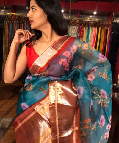 Ocean Blue Organza Silk Saree with Kanchi Zari Border