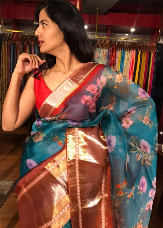 Ocean Blue Organza Silk Saree with Kanchi Zari Border