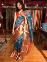 Ocean Blue Organza Silk Saree with Kanchi Zari Border - Image 4