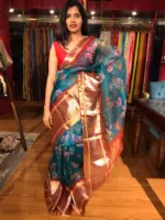 Ocean Blue Organza Silk Saree with Kanchi Zari Border - Image 2