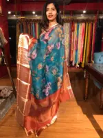 Ocean Blue Organza Silk Saree with Kanchi Zari Border - Image 5